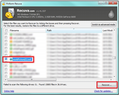 Recuva Wizard, Recover File